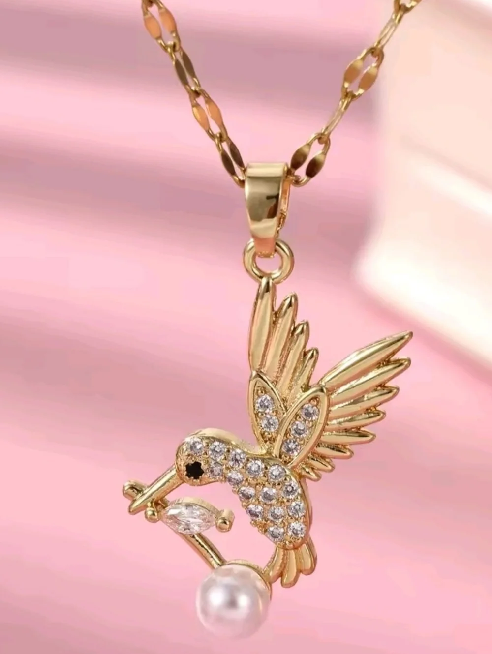 Gold Hummingbird Pearl Necklace Dainty Crystal Bird Pendant Sparkly Jewelry